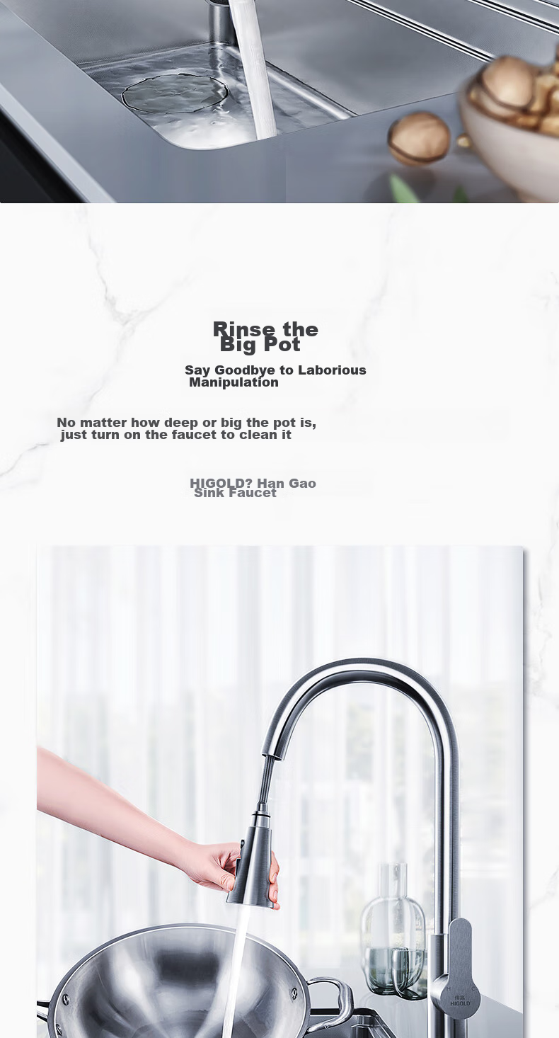 HIGOLD Kitchen Faucet, 304 Stainless Steel Rotating Pull-Out Tap, Sink Hot And Cold Dual Control, Three-Function Water Tap 5