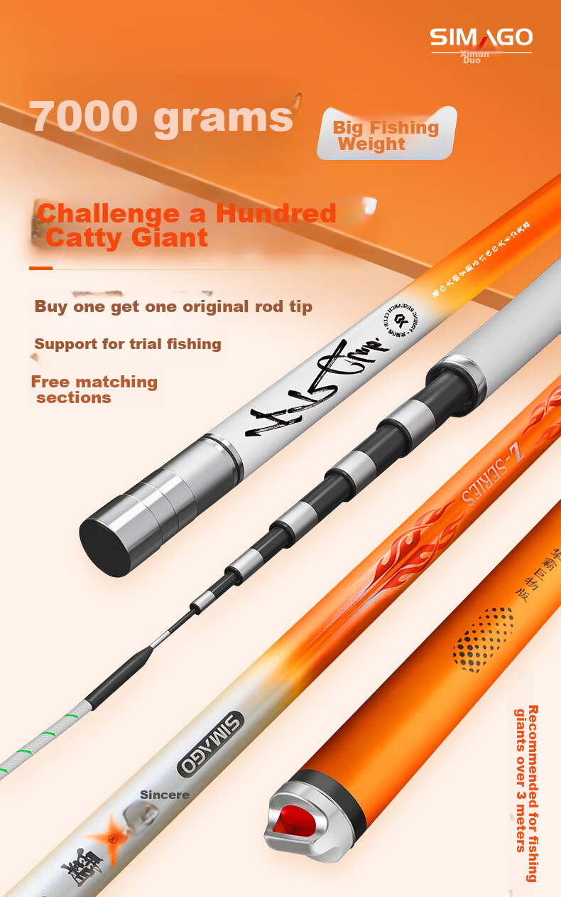 SIMAGO Ximan Duo Giant Rod, 19 Sections, 8H Ultra-Hard Carbon Fiber, Imported from Japan, for Sturgeon And Carp, Multi-Purpose Fishing Rod, 6.3 Meters 1