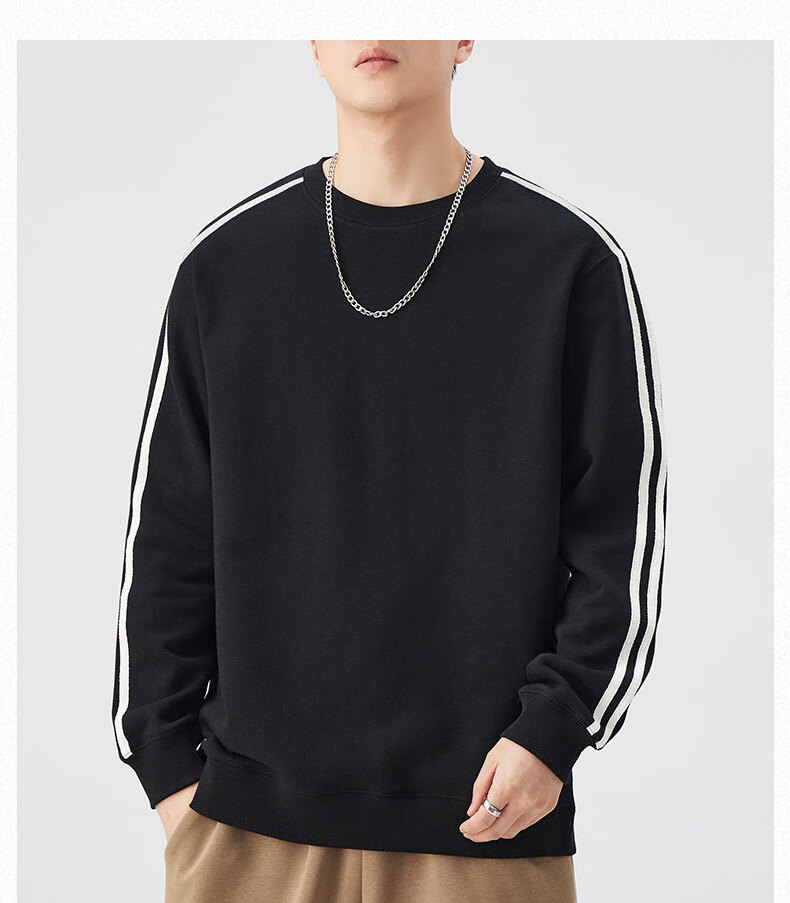 Dingfengbaoluo American-Style Striped Sweatshirt for Men, Spring Solid Color Pullover Round Neck Undershirt, Loose Versatile Top QZ33 White XL 10