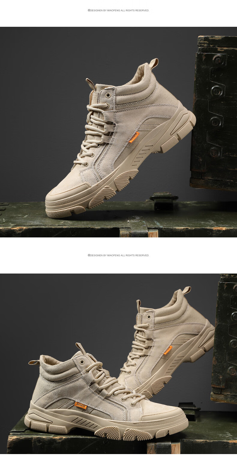CALIFBULL Men's Shoes Spring And Autumn Trendy Retro Martin Boots Work Boots Men's Style Breathable Outdoor Combat Boots Apricot Color Size 39 28