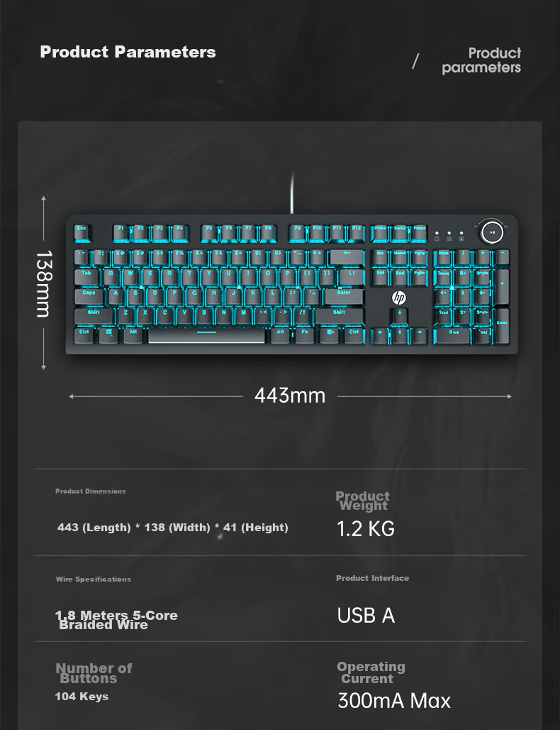 HP K10G Mechanical Keyboard with Blue Switches, Wired Keyboard for Gaming, E-Sports, Office Work And PUBG, 104 Keys Full-Size Compatible with Laptops And Desktop Computers, Full Anti-Ghosting 28