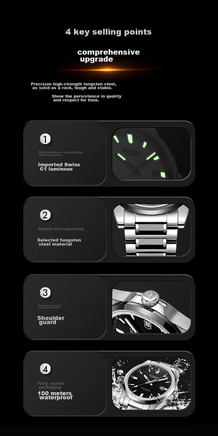 ROSSINI Men's Mechanical Watch, Birthday Gift for Men, Luminous, Water-Resistant, Black Dial, Tungsten Steel Strap, 5240209 3
