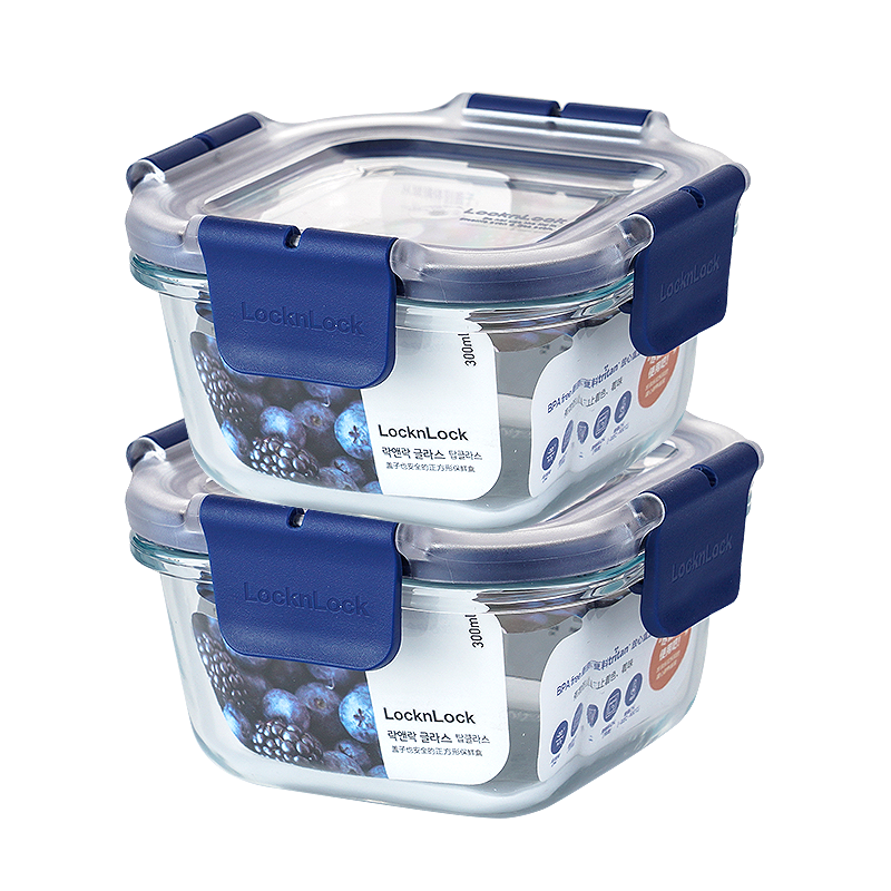 LOCK&LOCK Baby Heat-Resistant Glass Food Container, Infant And Child Feeding Bowl, Freezable And Fresh-Keeping Box, 300ML*2, Blue Square Shape