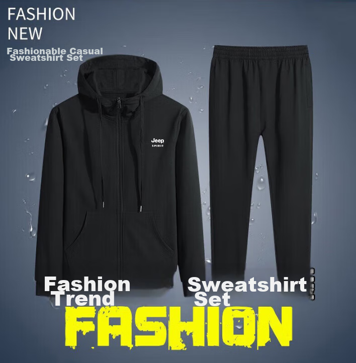 JEEP SPIRIT Men's Hooded Sweatshirt And Jacket Set for Autumn And Winter, Outdoor Sportswear Two-Piece Set SY118 Black 3XL 4