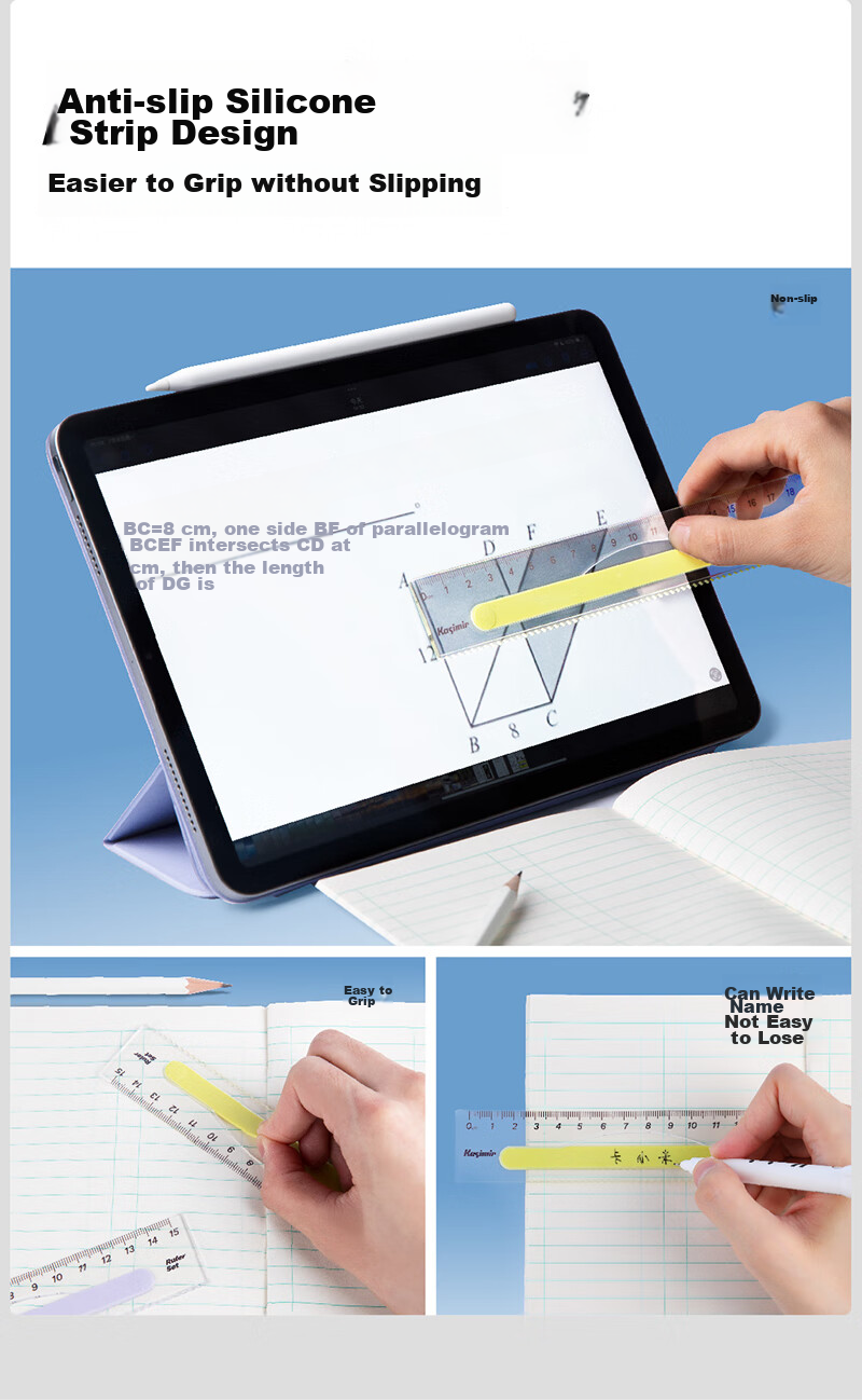 Kasimir Non-Slip Transparent Ruler Set, Multifunctional Geometric Drawing Tool for Primary And Middle School Students, Specially Designed for First And Second Graders, Learning Supplies, Student Stationery, 15cm*3 3