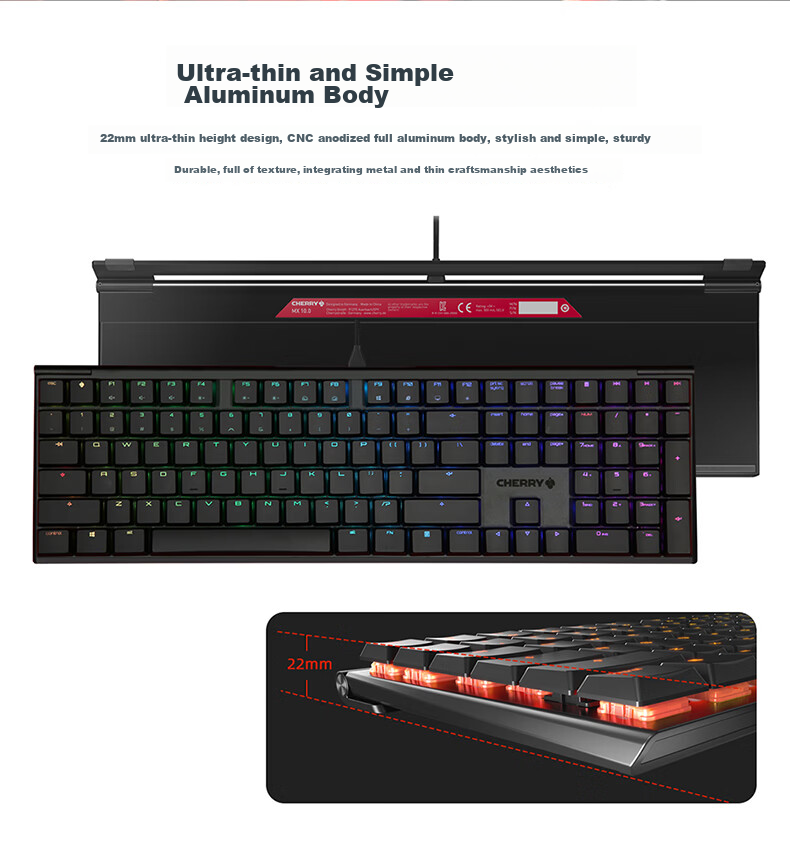 CHERRY MX10.0 Mechanical Keyboard, Wired Keyboard, Gaming Keyboard, RGB Lighting Effects, Ultra-Thin Body, Alloy Shell, Black, MX LP Switches 2