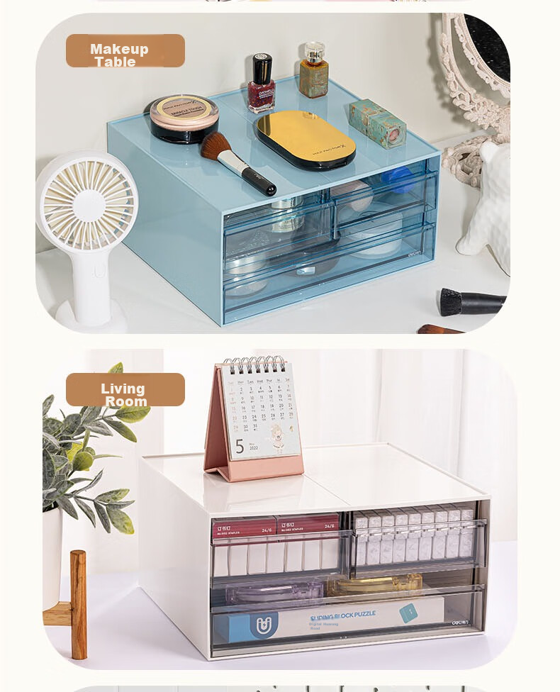 Deli Three-Compartment Desktop Storage Box, Drawer-Style Office Organizer, Multi-Layer Stackable Storage Container, Dorm Room Cosmetics Jewelry Miscellaneous Items Dustproof Organizer Box, White A5 Size PK122 10