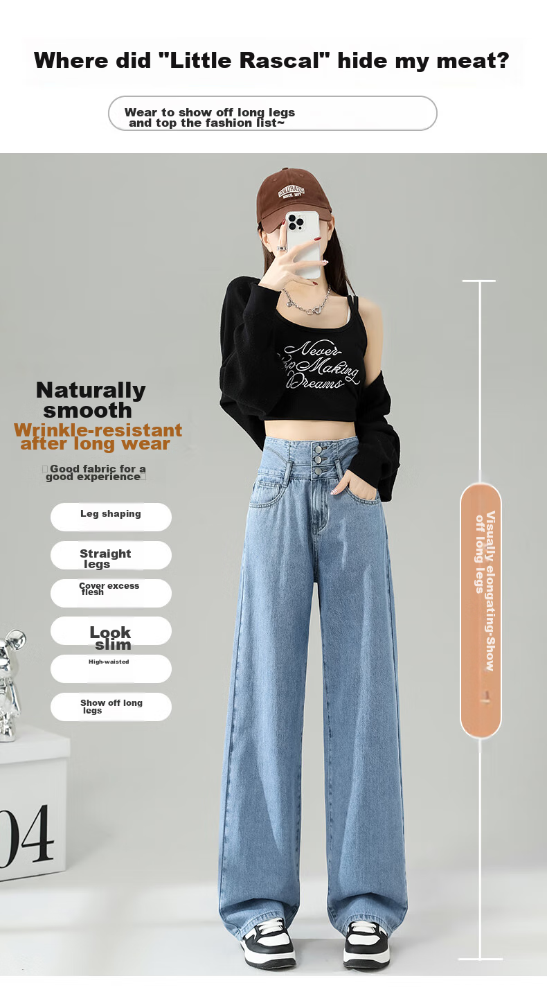 LangSha Women's Jeans, Spring And Summer Three-Button High-Waist Loose Wide-Leg Pants, Slimming Thin Vintage Straight-Leg Trousers for Wome 8
