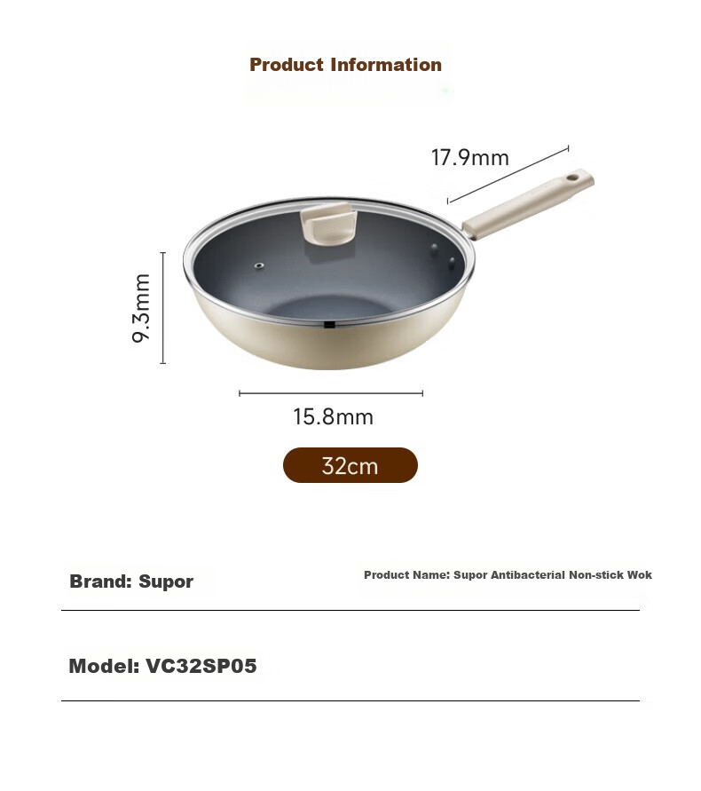 SUPOR Wok 32cm Non-Stick Pan Flat Bottom Household Stir-Fry Pan Antibacterial Wok Compatible with Gas And Induction Cooktops VC32SP05 15