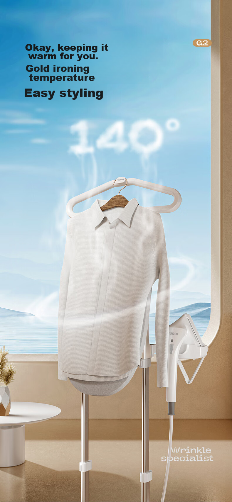 CuoRi Upright Garment Steamer, 140g/min Explosion Steam Tank, 2.5L [Healing-Style Ironing], Home Use Handheld Electric Iron, Dual-Rod Flat Hanging Iron G2 5