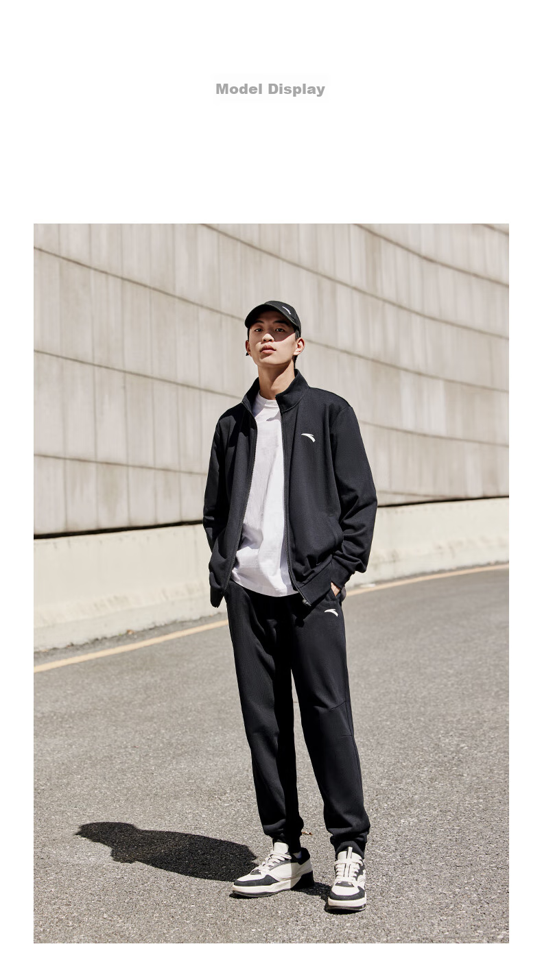 Anta Men's Fleece-Lined Sports Set Spring Windproof Stand Collar Zip-Up Jacket and Pants Sportswear Casual Pants 16