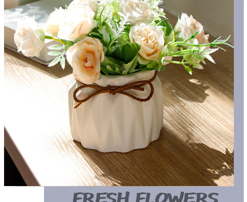 Shengshitaibao Artificial Flower Bouquet, Silk Flowers, Decorative Flowers, Ceramic Small Vase, Floral Arrangement, Living Room Decoration Ornament, White Rose 10
