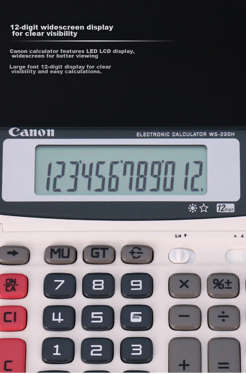 Canon WS-220H Calculator, 12-Digit Display, White, Dual Power Supply, High Precision, for Student Exams And Office Use, Adjustable Screen, Business Portable 6
