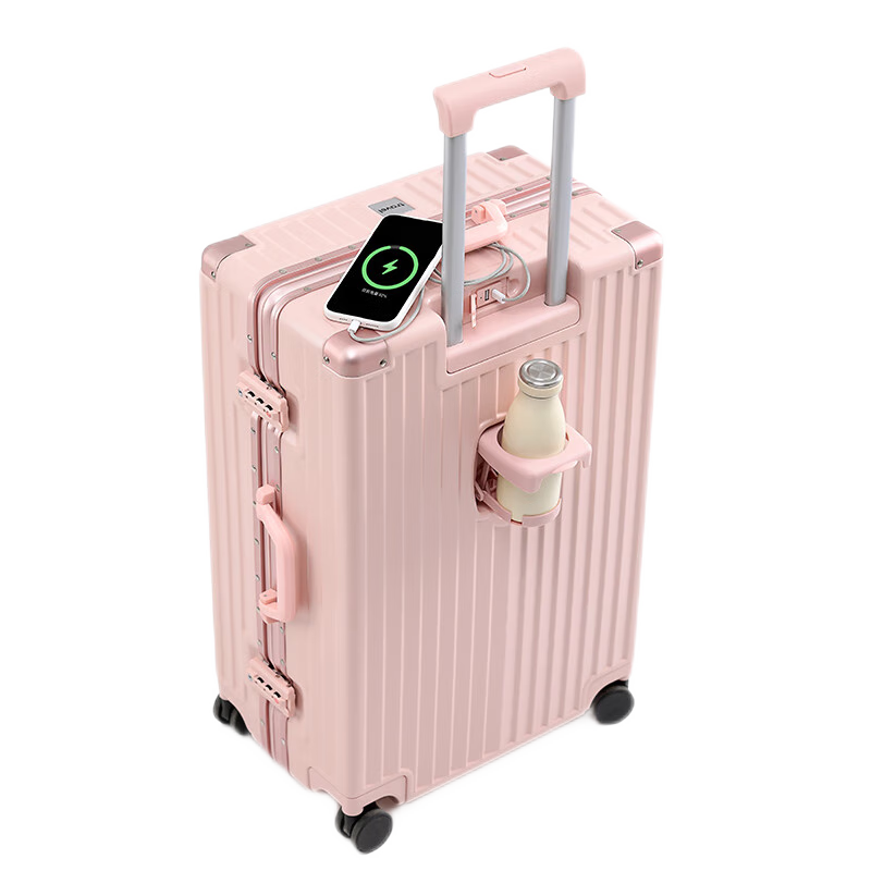 DULA Aluminum Frame Suitcase, Trolley Case with Cup Holder, Small Travel Password Lock Suitcase, Rechargeable Carry-On Luggage, Cherry Blossom Pink, 20 Inches
