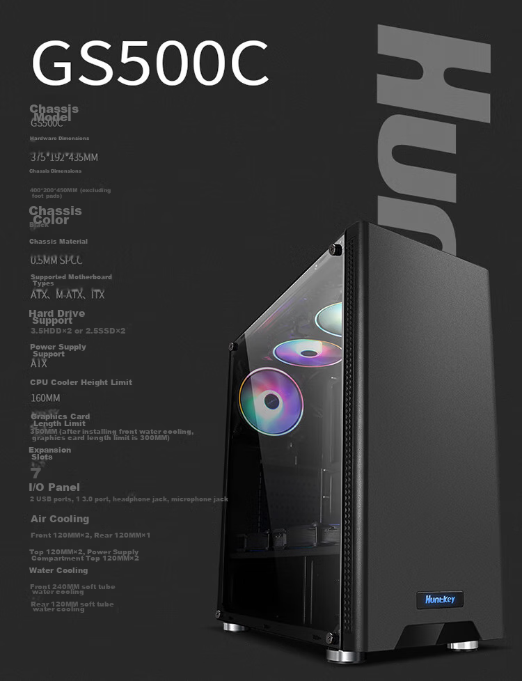 Huntkey GS500C Black Case (Side Panel Window/ATX Motherboard Support/Wide Gaming PC Case/Long Graphics Card Support/Black Cable Management/Gold-Stamped Feet) 19