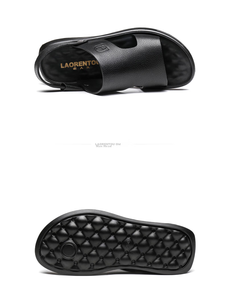 LAORENTOU Men's Sandals, Summer Top-Grain Leather, Breathable Beach Versatile Casual Shoes, Sandals, Men's Footwear, 10965, Black, Size 43 19