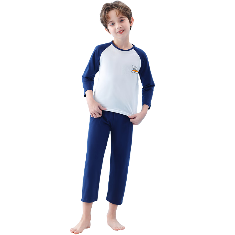 LangSha Children's Pajamas for Boys, Big Kids All-Season Pure Cotton Round Neck Loungewear, Baby Long-Sleeve Set Suitable for Outdoor Wear, Size 140