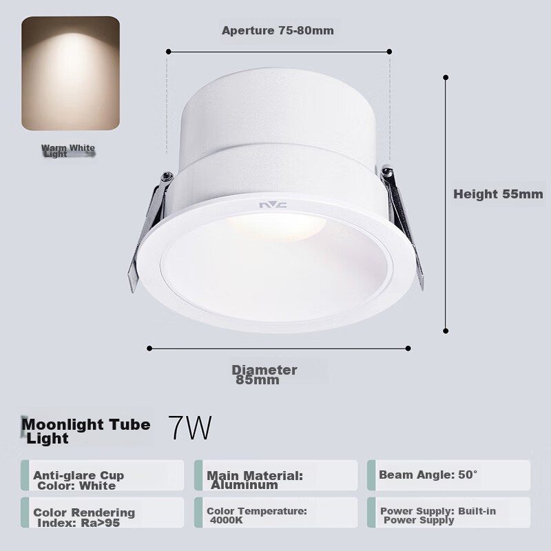 NVC LED Downlight, Living Room Background Wall Recessed, Washed Wall Small Hill Aluminum Material, 7W White Cup Warm White [Mingyue], Ra95