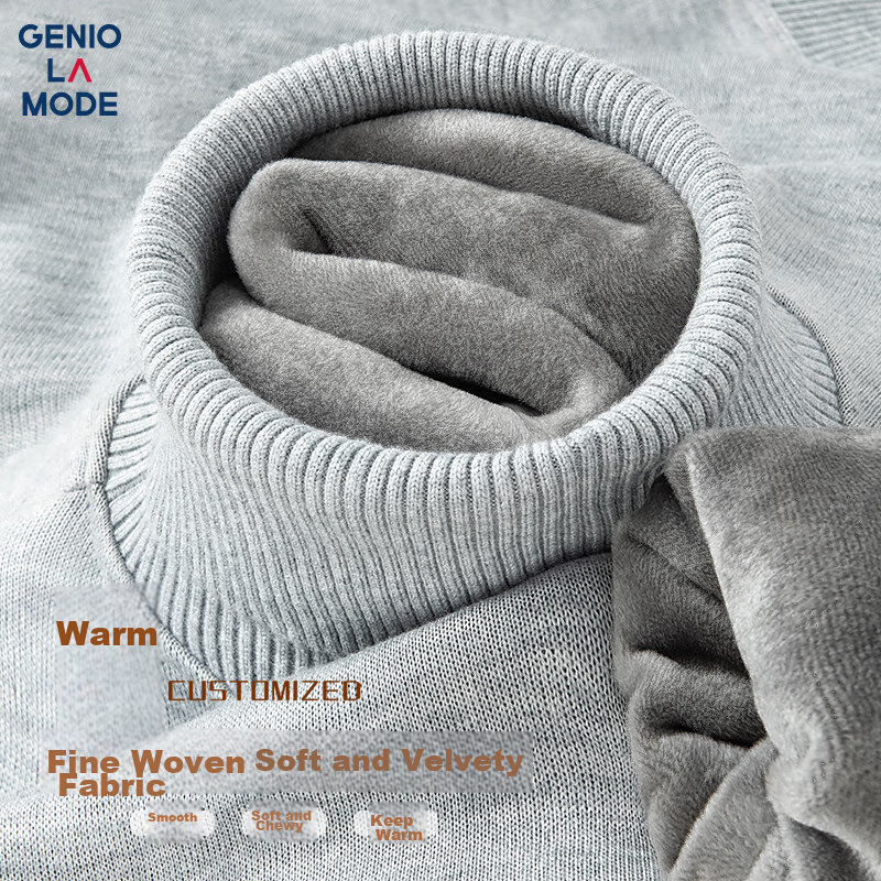 GENIOLAMODE Men's Turtleneck Sweater, Winter Fleece-Lined Thick Warm Cold-Resistant Base Layer Knit Sweater for Men, Light Gray, M