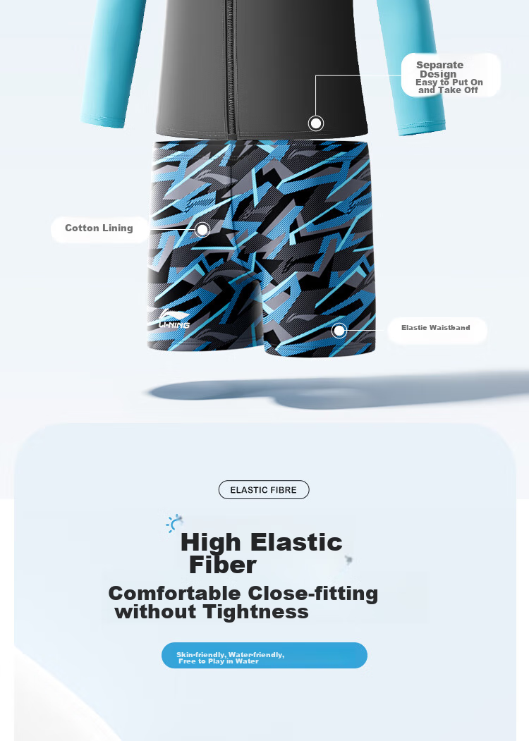 Li-Ning Children's Swimwear, Boys' Long-Sleeve Sun Protection Two-Piece Swimsuit And Swim Trunks, Hot Spring Swimming Gear, 8772 Blue-Gray, Size 170 3