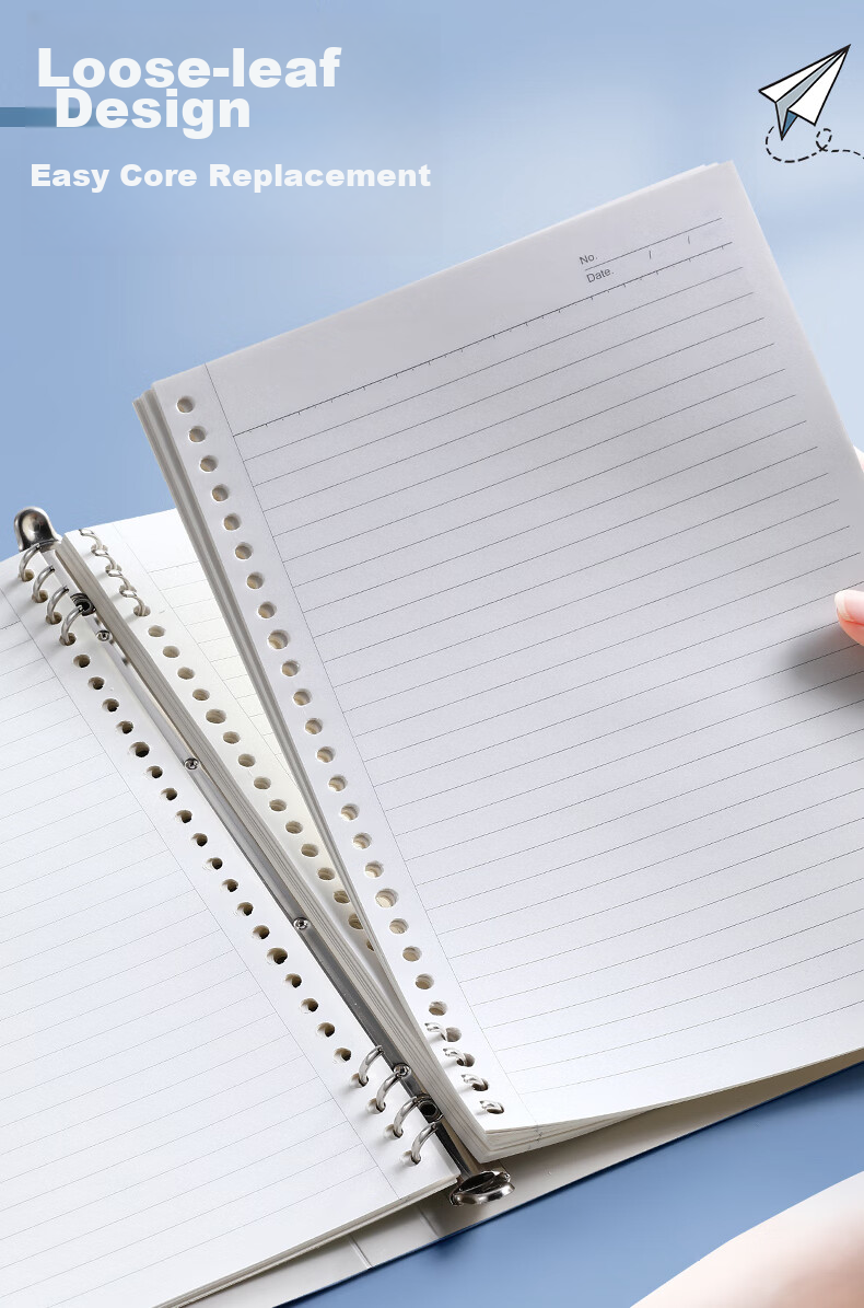 Wengu B5/60 Sheets Detachable Comfortable Iron Clip Loose-Leaf Notebook, 26 Holes, Stylish Business Simple Ruled Notebook, Large Capacity Office High-End Notebook BI010B5 Blue 9