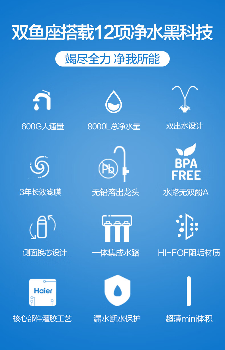 106126-【新品双鱼座】海尔(Haier)净水器家用净水机 RO反渗透纯水机600G大通量无桶双出水台下直饮机 【升级款】双鱼座6H99-详情图
