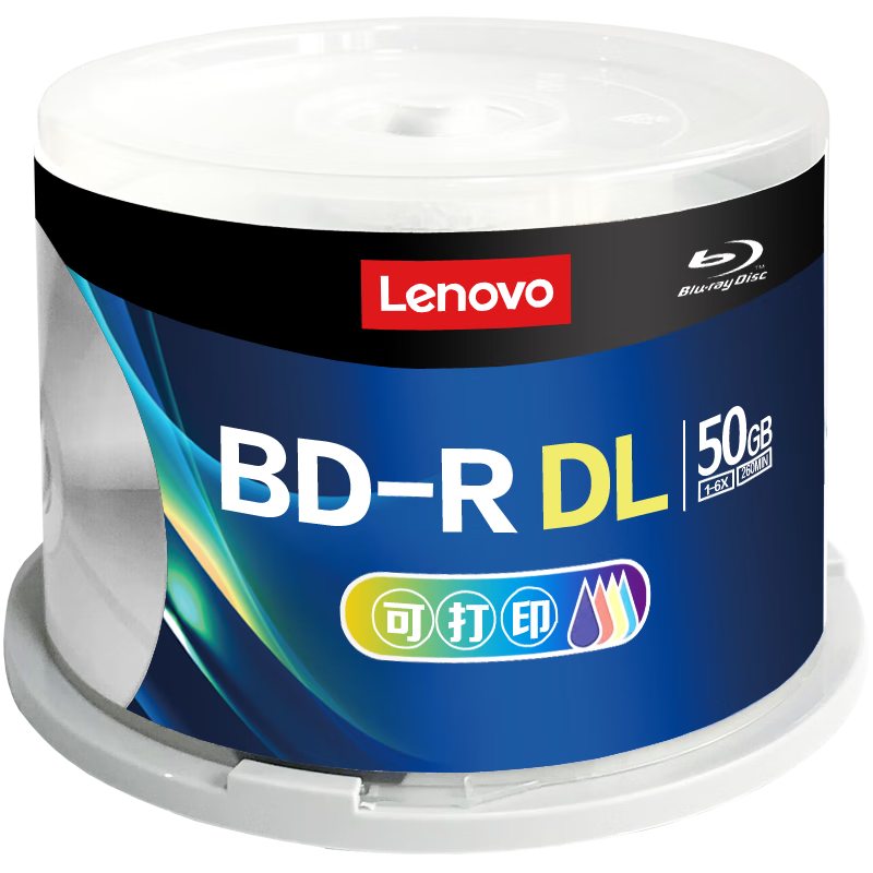 Lenovo BD-R DL Discs, 1x-6x Speed, 50GB Blank Discs, Blue Light, Printable, 50 Pieces in A Barrel, High-Capacity Backup, Stable Burning