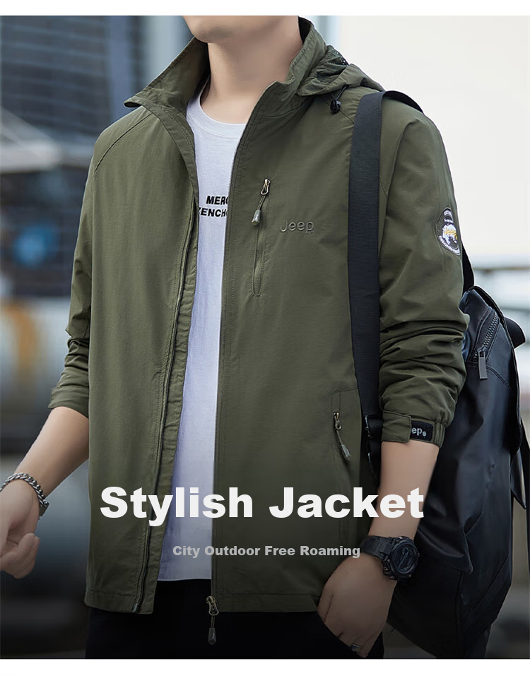 JEEP Men's Jacket, Spring And Autumn Loose-Fitting Hooded Trendy Casual Clothing, Army Green, Size L 2