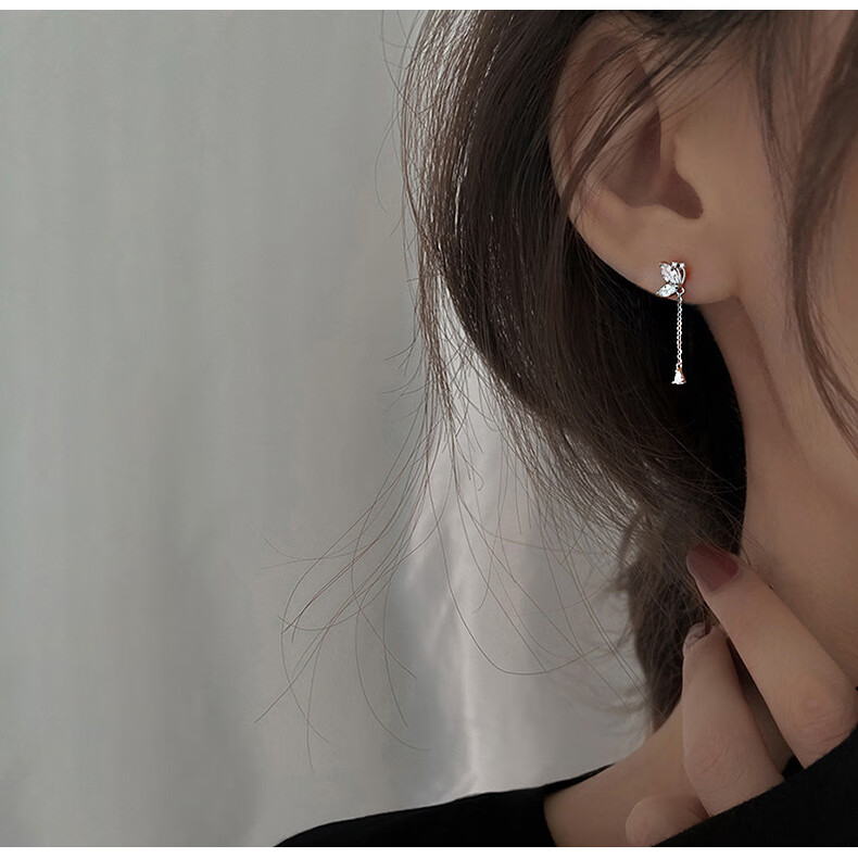 Dijing 999 Sterling Silver Long Earrings with Tassel Butterfly Studs, Birthday Gift for Women, Fashionable Ear Jewelry for Girlfriend 10