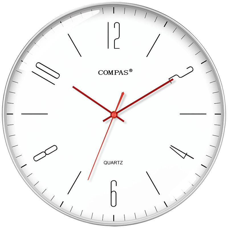 Compas Wall Clock for Living Room, Simple Quartz Clock with Quiet Operation, Wall-Mounted Bedroom Timepiece C3219C Silver