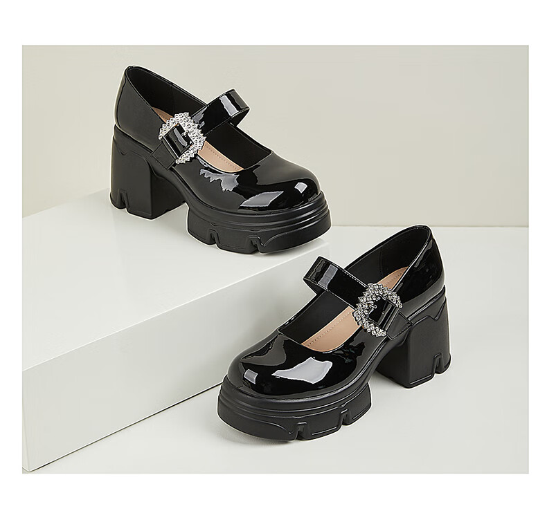 DAPHNE Chunky High Heels, Women's Elegant Versatile Velcro Mary Jane Shoes, Women's Leather Shoes, Black, Size 40 20