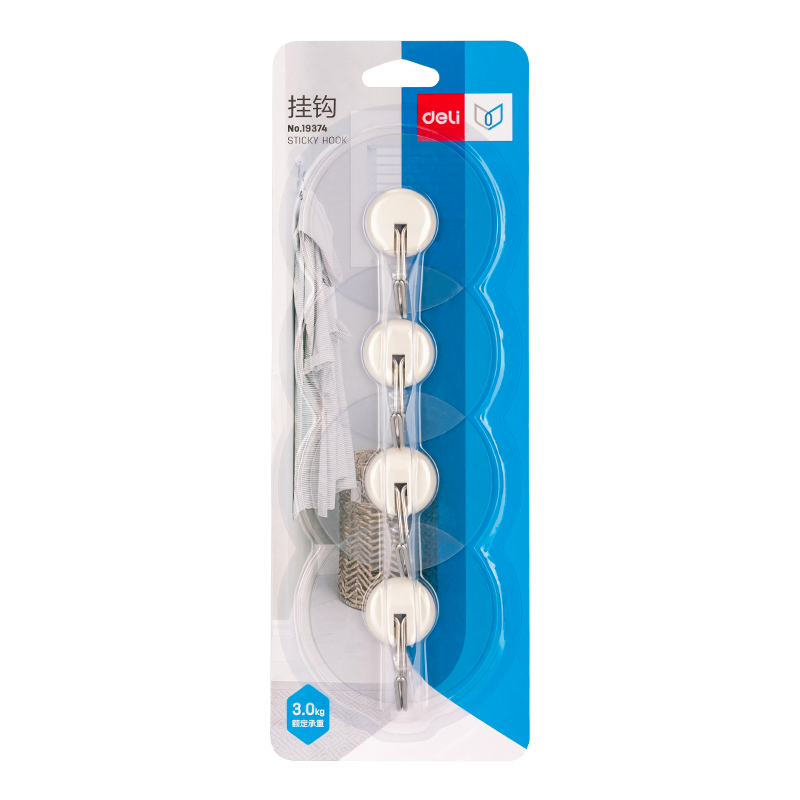 Deli Home Hooks, 3kg Heavy-Duty Load Capacity, Round with Adhesive Backing, 4 Pieces/card, White, 19374