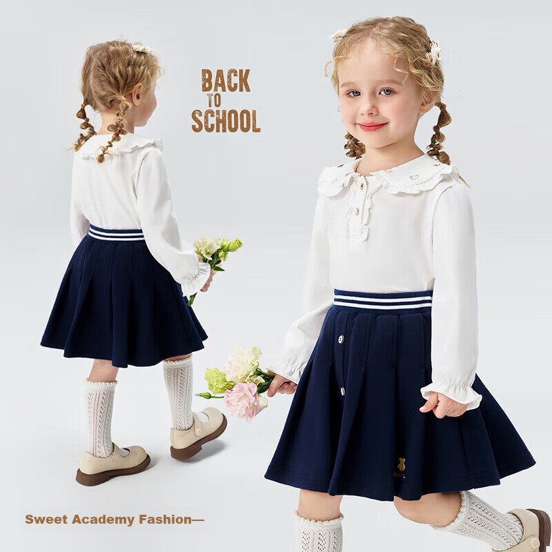 Classic Teddy Girls' Pleated Skirt Children's Sports Style Skirt Dark Blue Size 90