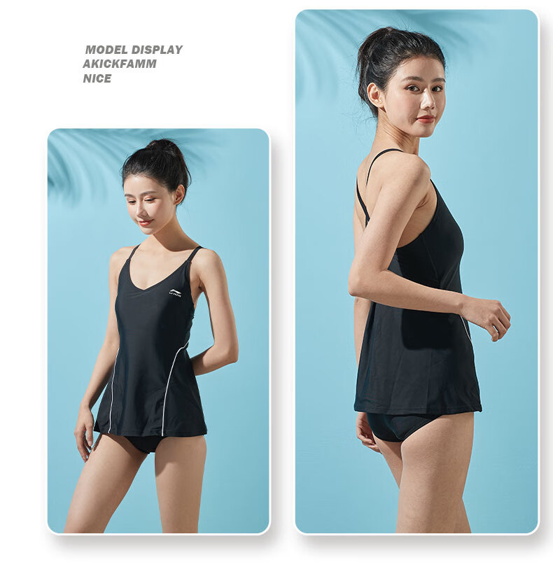 LI-NING Women's One-Piece Skirted Swimsuit Tummy Control Slimming High Elasticity Gathered Swimwear for Hot Springs Vacation 547 Black 3XL 12