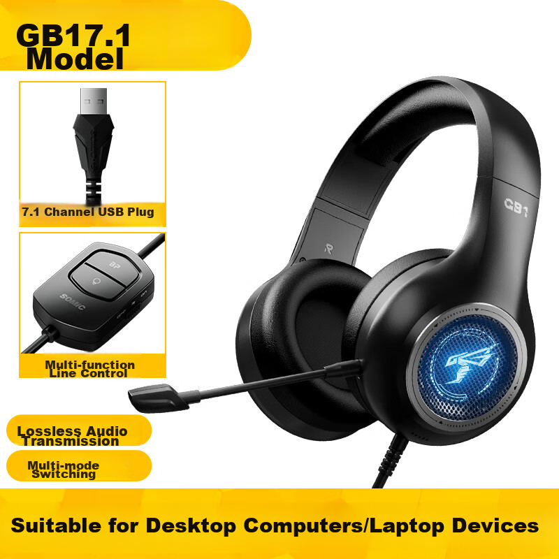 SOMIC GB1 Gaming Headset Over-Ear Wired Headphones with Microphone Plug-In for Desktop And Laptop Computers, E-Sports PUBG Gaming Headset Mingmoyuanxu Zhuyu Black USB 7.1 Versio