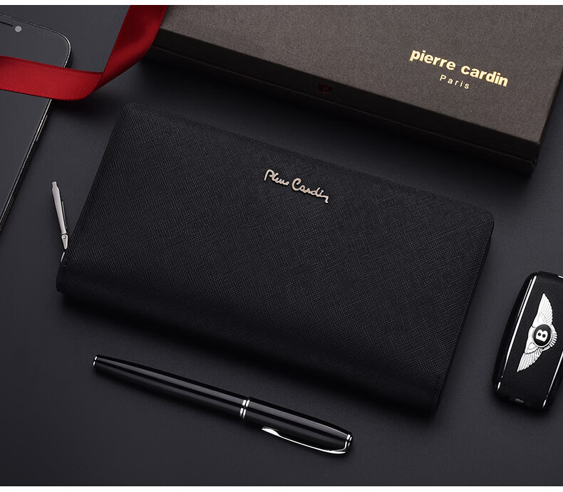 Pierre Cardin Men's Long Leather Wallet, Zipper Clutch, Gift Box, Black 7