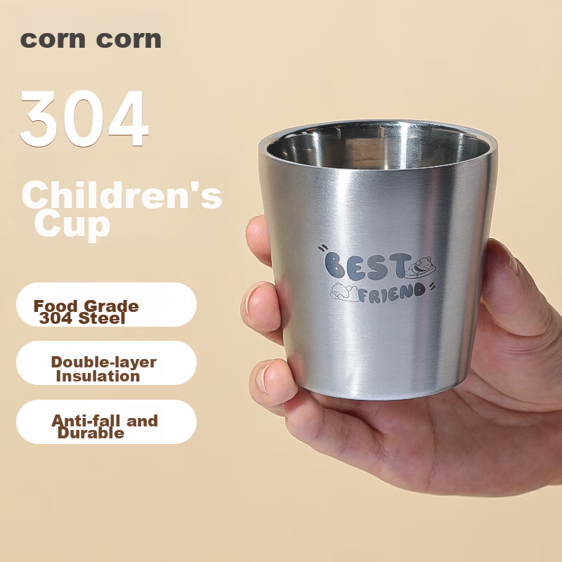 CORN Cartoon Creative Hammered Pattern Bowl, 304 Stainless Steel Bowl, Korean-Style Conical Bowl, Children's Double-Layer Anti-Scalding Eating Bowl, Home Soup Bowl