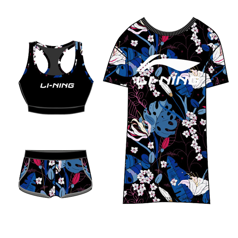 Li-Ning Women's Three-Piece Swimsuit Set, Beach Vacation Sun Protection Cover-Up, Tummy Control Slimming Swimwear for Hot Springs, 727 Black And Blue XL