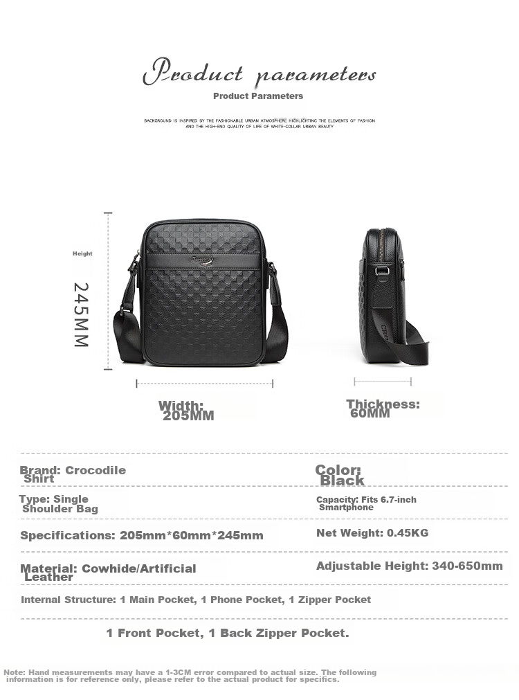 CROCODILE Top-Grain Leather Plaid Business Casual Shoulder Bag, Men's Vertical Crossbody Bag XT2045, Gift for Boyfriend 12