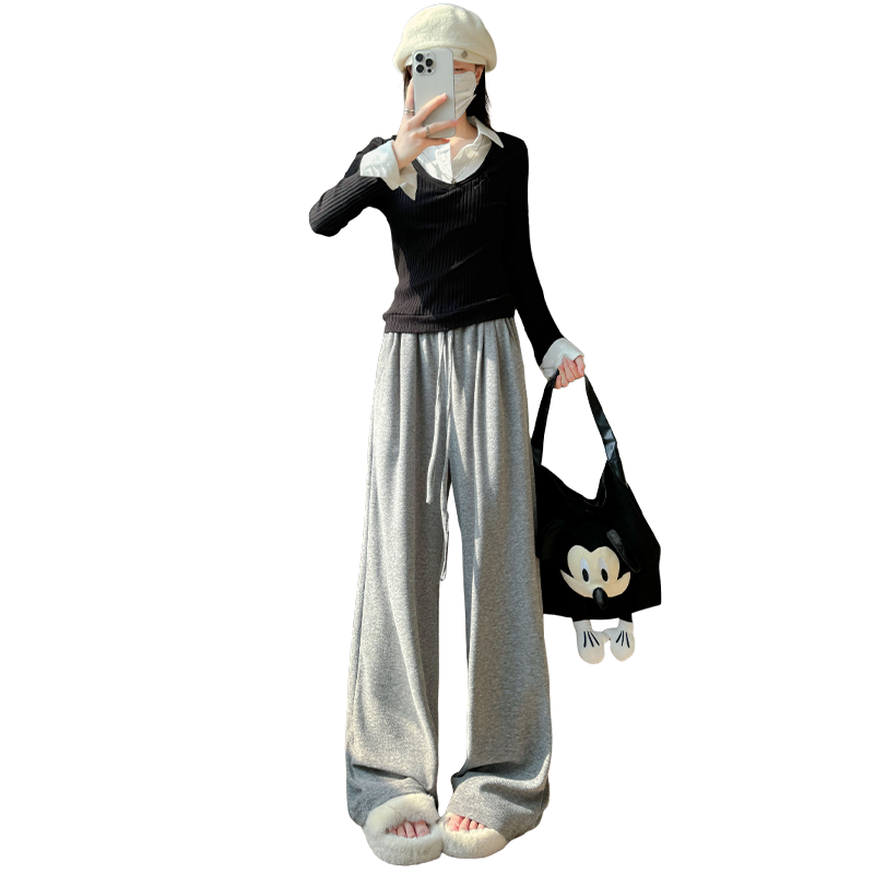 FitonTon Women's Casual Pants, Spring And Summer Style, Loose Straight-Leg Glutinous Rice Pants, High-Waisted Lazy Floor-Length Trousers, Trendy Slimming Wide-Leg Pants, Size S
