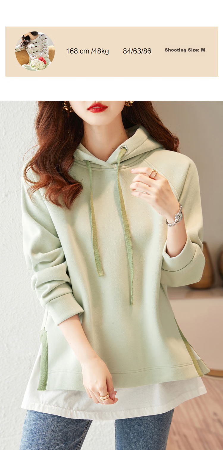 Dme [Split-Style Craftsmanship] Spring And Autumn Hooded Loose Casual Slightly Elastic Long-Sleeve Women's Sweatshirt, Light Water Green, S 11