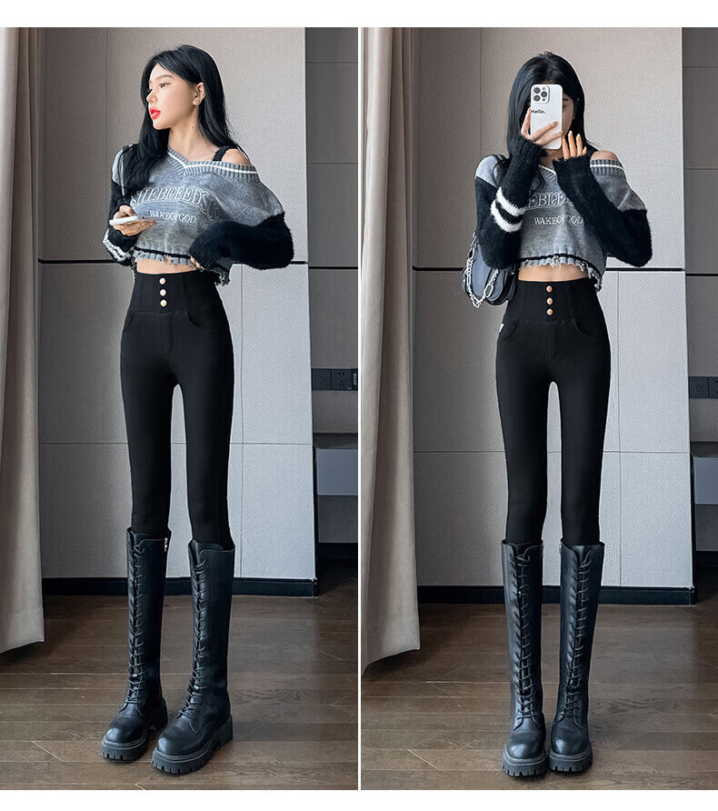 FitonTon High-Waisted Leggings for Women, Outer Wear Autumn Winter Style, Black Tight-Fitting Pencil Skinny Pants with Three Buttons, Small Black Trousers, Black, Size S 29