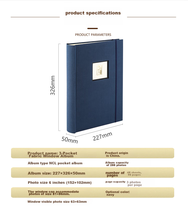 Nakabayashi, Pocket-Style Fabric Photo Album with 288 Pages And 6-Inch Inserts, Insert-Style Photo Collection Storage Book, Family Photo Album with Writing Space, Navy Blue, NBCK-3UP6 2