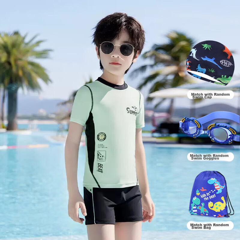 Youyou Children's Two-Piece Boys' Youth Swimsuit, Training Sun Protection Swimwear, Swimming Trunks Five-Piece Set, 32674 Green XL