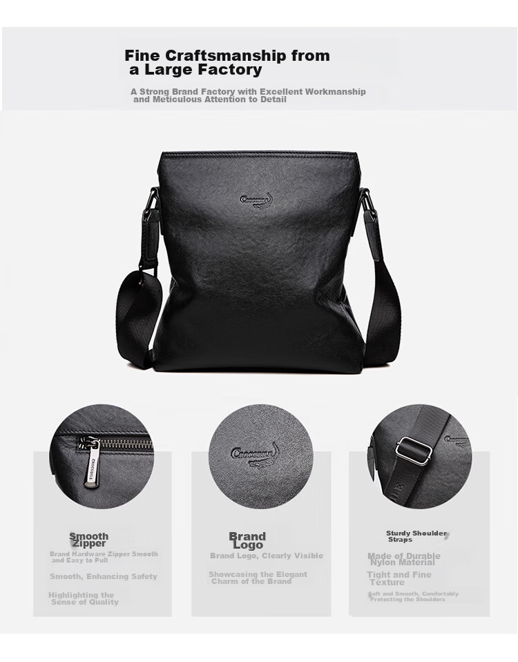 CROCODILE Top-Grain Leather Napa Texture Men's Business Vertical Shoulder Bag Crossbody Bag XT208 Black, Gift for Boyfriend 5