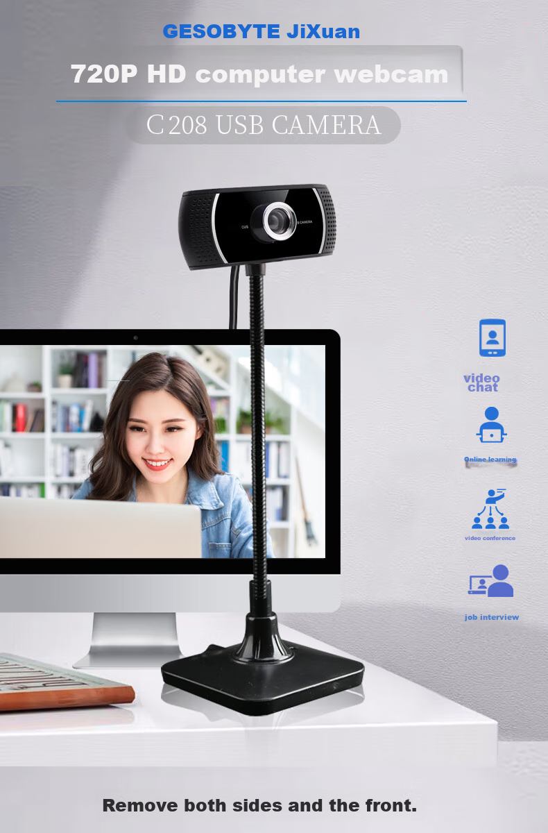 GESOBYTE C208 Bracket-Type 720P HD Live Streaming Webcam for Video Calls, Conferences, Online Teaching, Home Use, Laptop And Desktop Computer with Built-In USB Interface, Plug-And Microphone 1