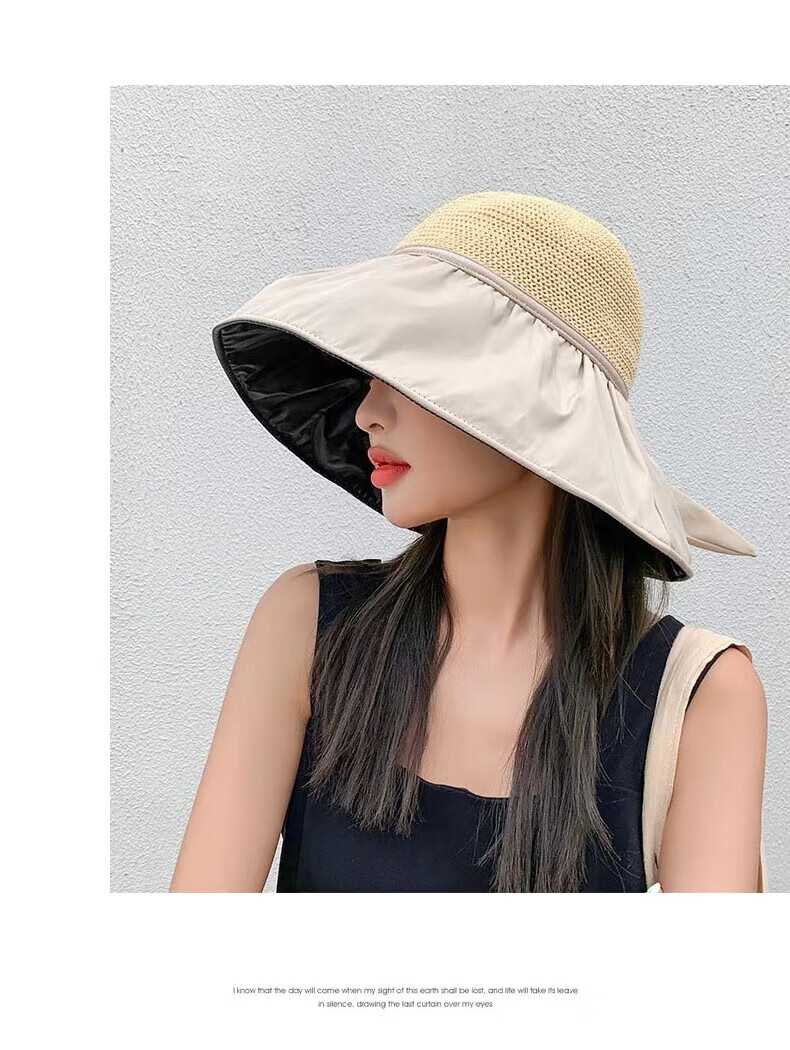 LangSha Sun Protection Hat for Women, Summer UV-Resistant Black Gel Wide Brim Sun Hat, Full Face Coverage Fisherman Hat, Beige 17