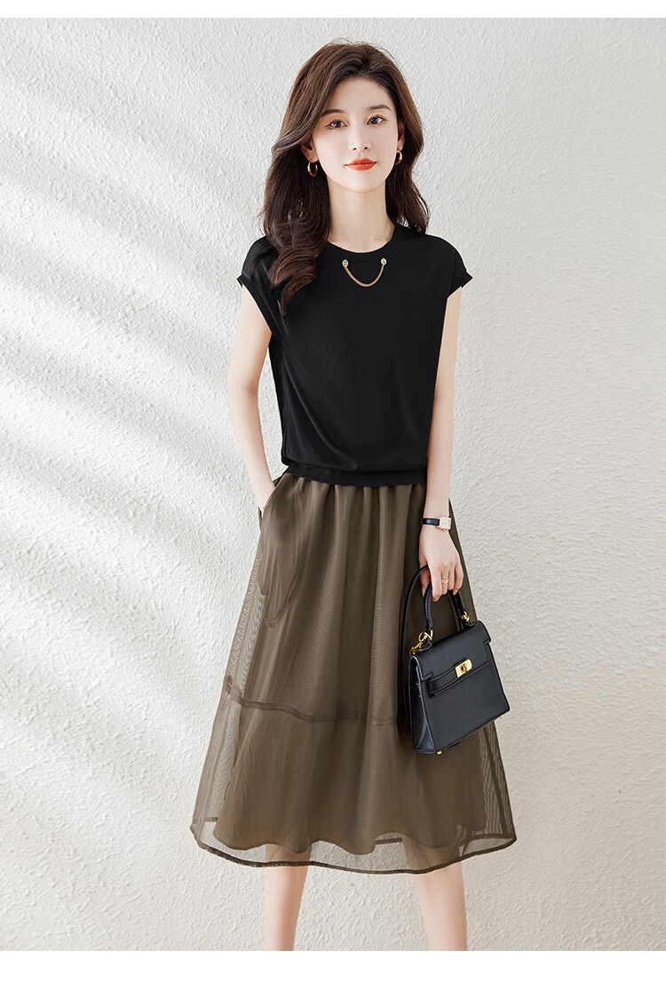 Cypress Casual Set 2026 Summer New Women's Short Sleeve Top with Patchwork Skirt Two-Piece Set 6