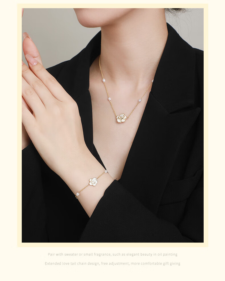 CHOW TAI SENG [Birthday Gift] Camellia Pearl Necklace Silver Elegant Collarbone Chain Light Luxury Niche Gift for Girlfriend 7