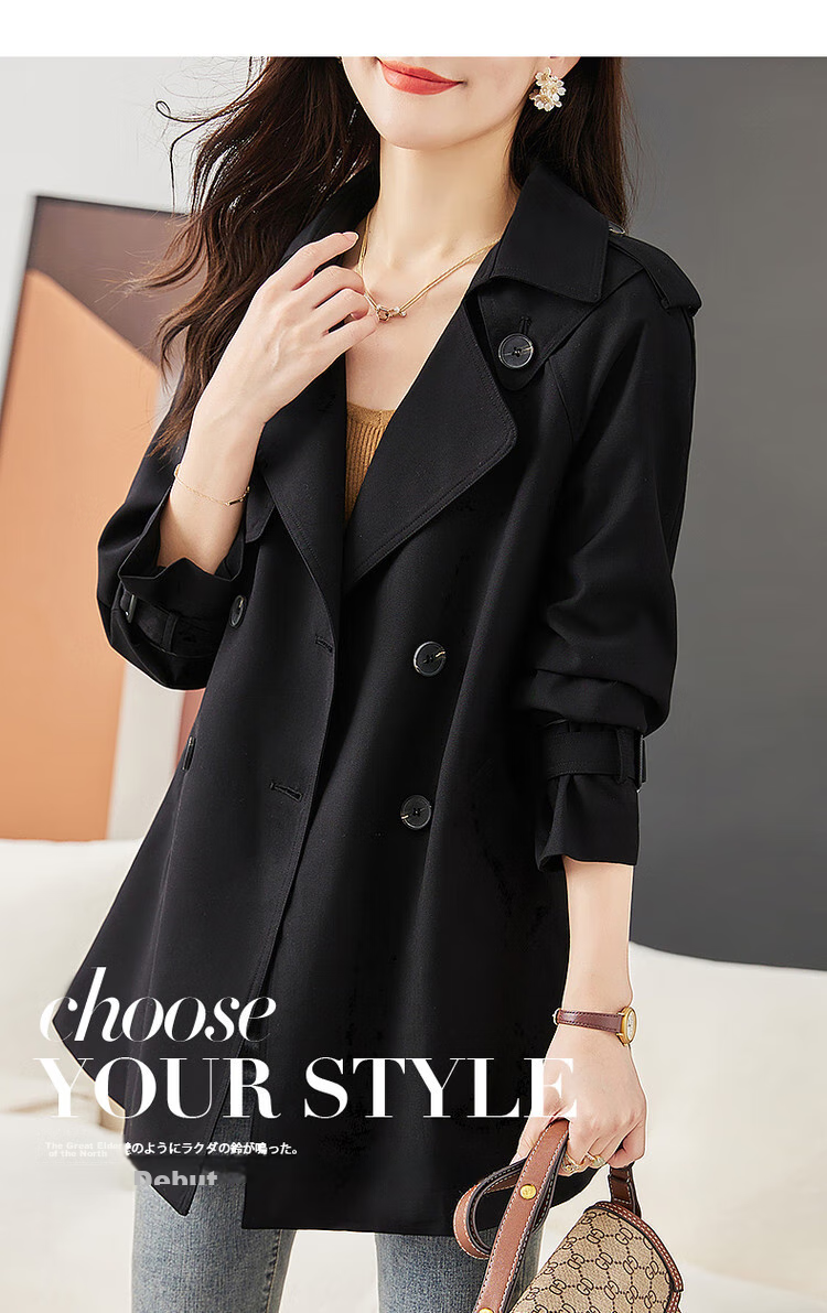 Dme Double-Breasted Trench Coat, Spring And Autumn Suit Collar H-Type Double-Breasted Long-Sleeve Trench Coat for Women, Mid-Length Style, Deep Khaki, S 2